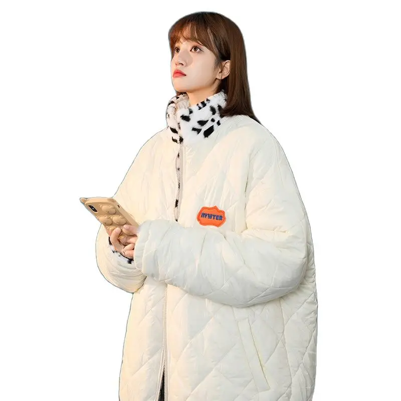 

Двусторонняя одежда, куртка с хлопковой подкладкой, Женский ромб 2022, куртка из овечьей шерсти с леопардовым принтом, зимние женские пальто, ...