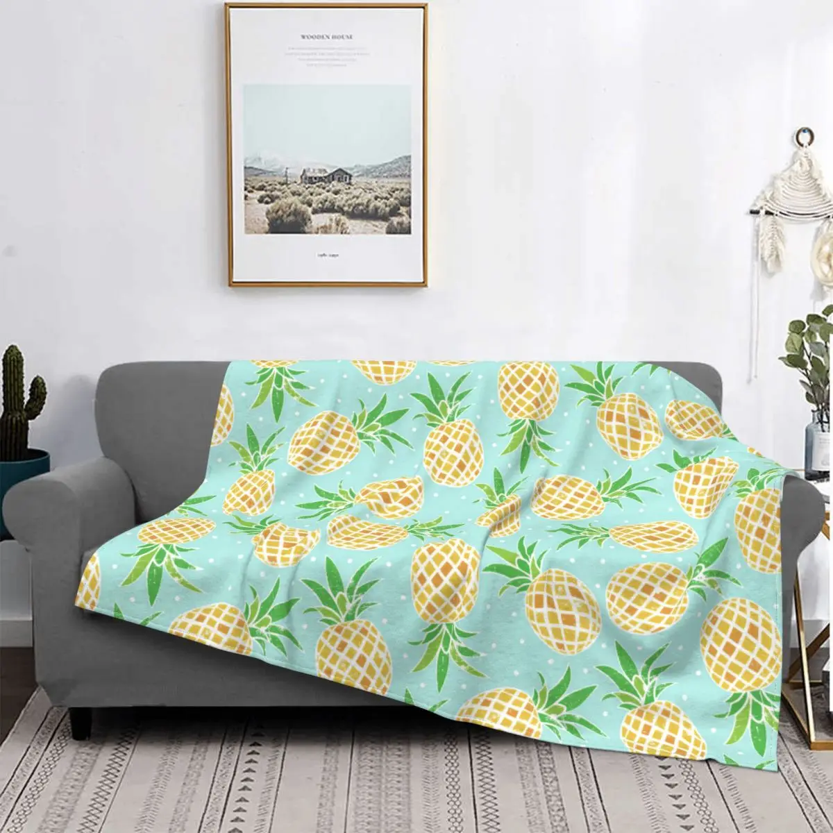 

Hand Drawn Pineapple Pattern Blankets Fleece Decoration Ultra-Soft Throw Blankets for Bedding Bedroom Plush Thin Quilt