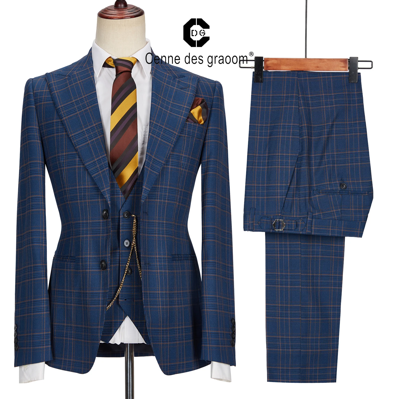 

Cenne Des Graoom New Men Suits Costume Homme Popular Clothing Blue Plaid Slim Fit High Quality Wedding Party 3 Pieces