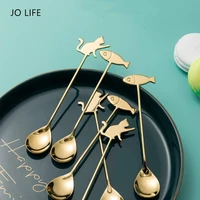 jo life 2pcsset gold cat and fish dessert tableware adorable cutlery cartoon stainless steel coffee spoon set