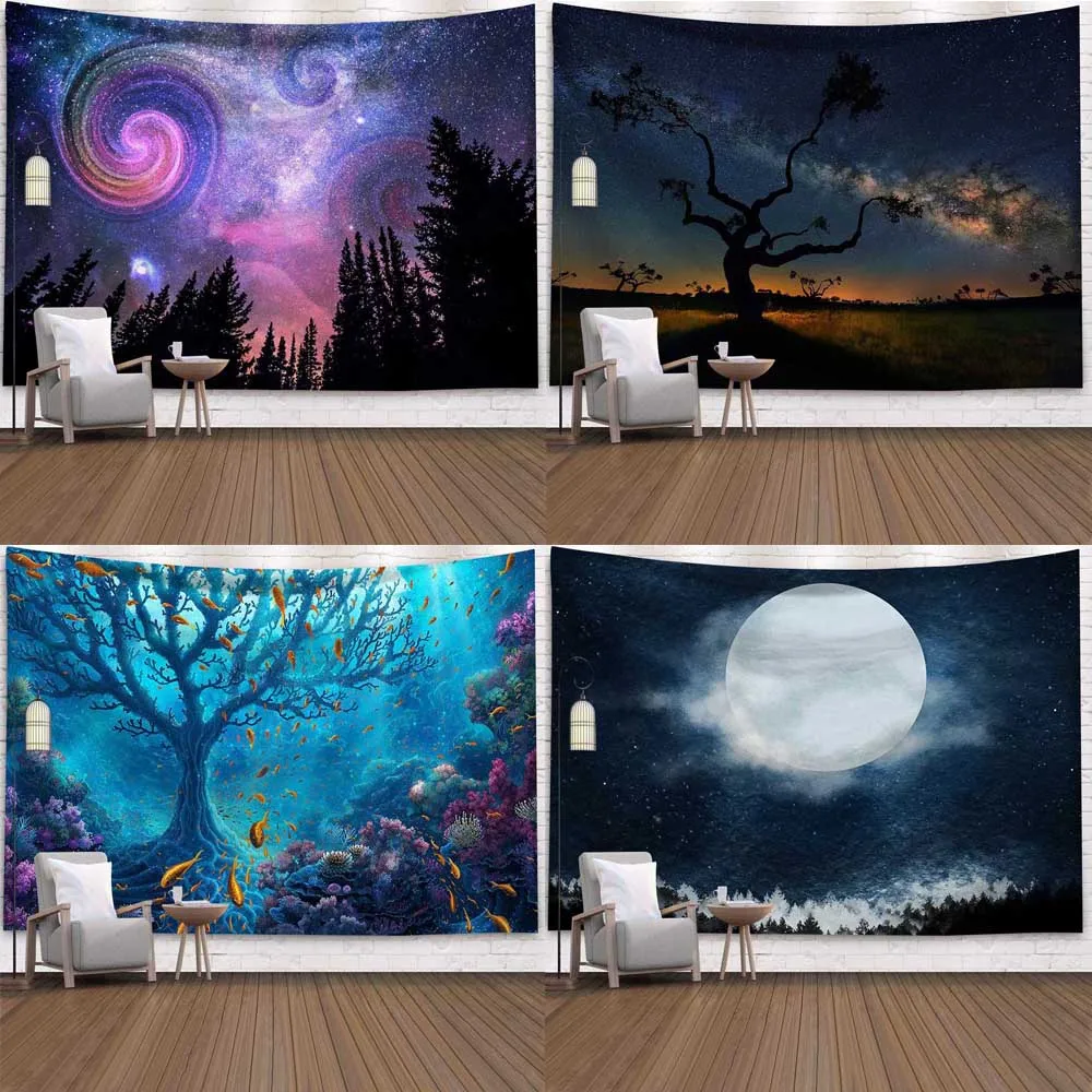 

Galaxy Starry Sky Wall Hanging Tapestry Psychedelic Aesthetic Fantasy Sun Moon Yoga Beach Mat Home Corridor Mural Decoration