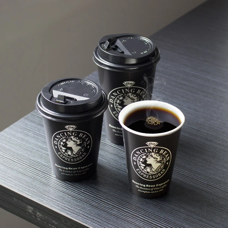 

50pcs Black creative disposable coffee cup 500ml party birthday afternoon tea favor hot drink packaging paper cup with cover