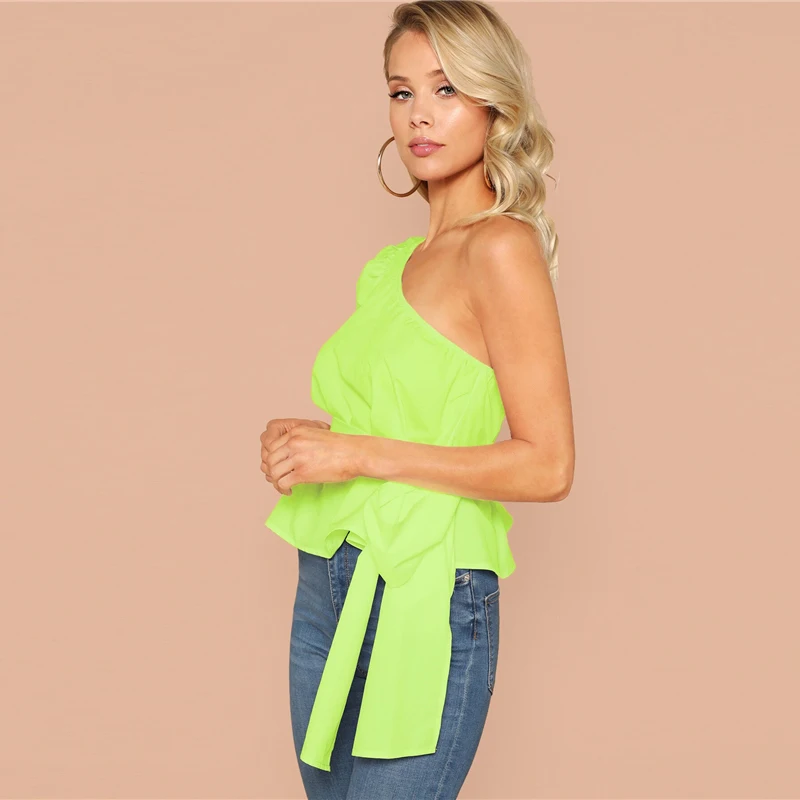 SHEIN Однотонный Топ На Одно Плечо С Пышными Рукавами И Поясом Женская Летняя Белая Элегантная Блузка С Средним Рукавом