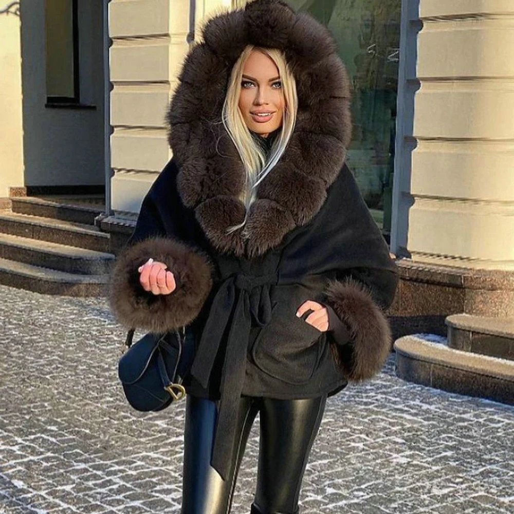 Fashion Wool Blends Jackets with Fox Fur Hood Warm Outwear 2022 New Winter Whole Skin Genuine Fox Fur Cashmere Coats Overcoats enlarge