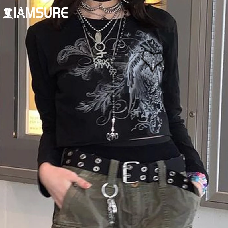 

IAMSURE Gothic Printed Dark Academia Aesthetic T Shirt Women 2021 Autumn Spring Casual Basic O-Neck Long Sleeve Tees Fashion Top