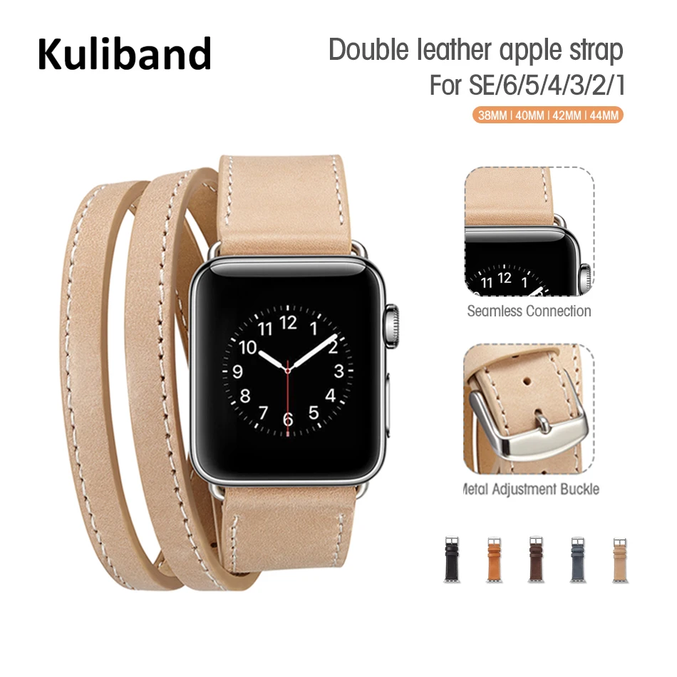 Ремешок кожаный длинный для Apple Watch 6/SE/5/4/3/2/1, двойной браслет для iWatch SE/6/5 42 мм 44 мм, 38 мм 40 мм - изображение