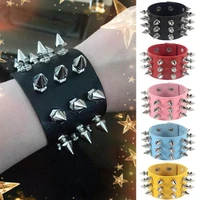 three row cuspidal spikes rivet stud wide cuff pu leather punk gothic rock unisex bracelet men jewelry leather bracelet