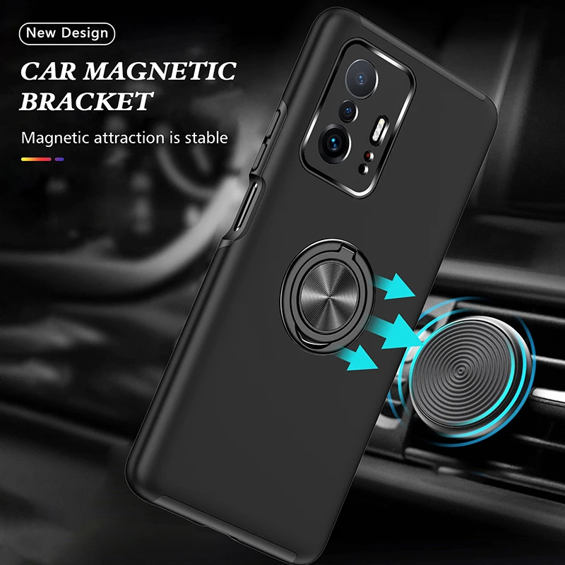 

Anti Shock 2 in 1 Soft Silicone PC Hard Shell Luxury Metal Ring Stand Car Magnetic Bracket Phone Cover For Xiaomi 11T Pro Case