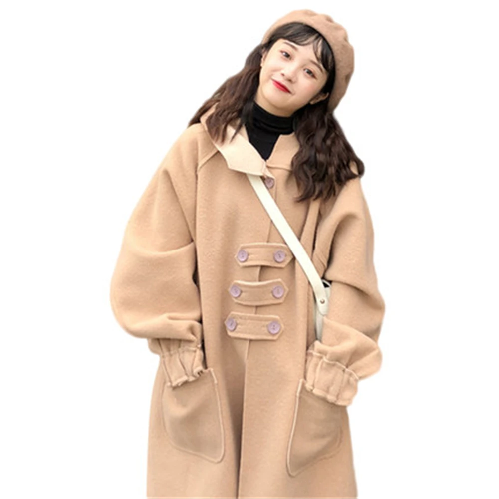 

2021 Autumn Winter New Women's Woolen Coats Loose OL Casual Female Wool Long Coats Large Size Overcoats Lady Hooded Mujer