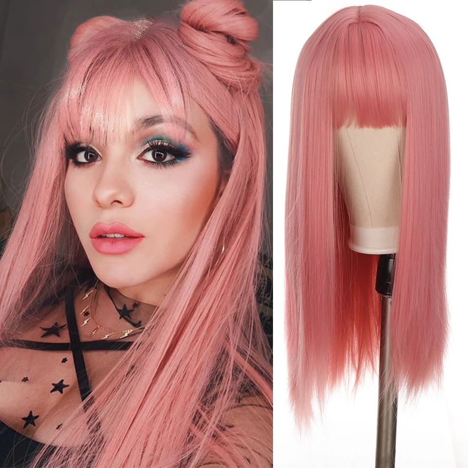 houyan cosplay lolita franja longa reta peruca de cabelo sintetico rosa gradiente