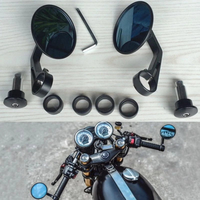 

1 Pair Round Motorcycle 7/8" Handle Bar End Rearview Side Mirror Accessories Black+Silver Rear View Mirrors