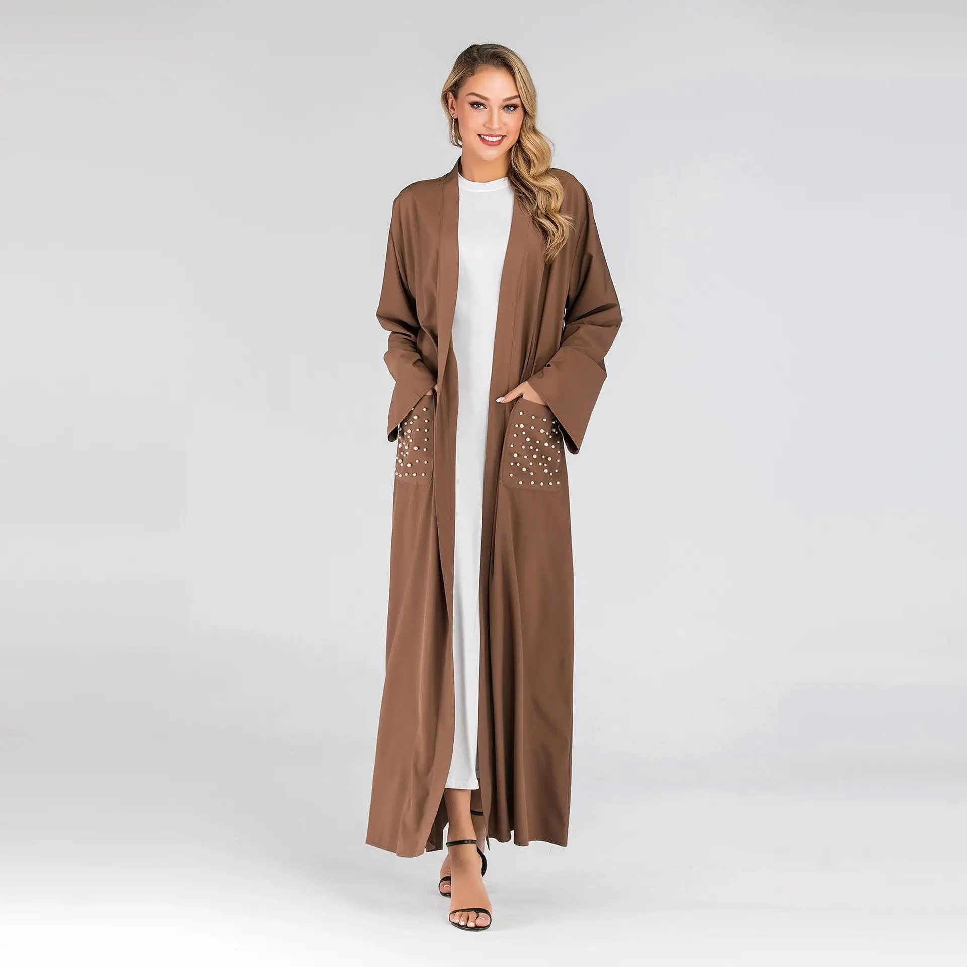 Dubai Muslim Abaya Women Open Cardigan Kimono Islamic Jilbab Kaftan Maxi Dresses Beading Pockets Arab Long Sleeve 2019 Autumn |