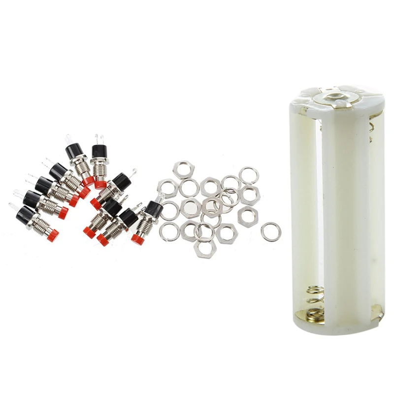 10Pcs Red Cap SPST Momentary Mini Pushbutton Switch & 5 Pcs Flashlight Cylindrical 3 X AAA Battery Plastic Holder Box |