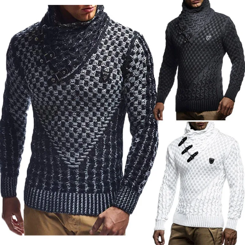 

2021 Autumn And Winter Personality Fashion Black Woolen Sweater Half High Neck Pile Pile Neck Sweater Male Thick Thread Hombre