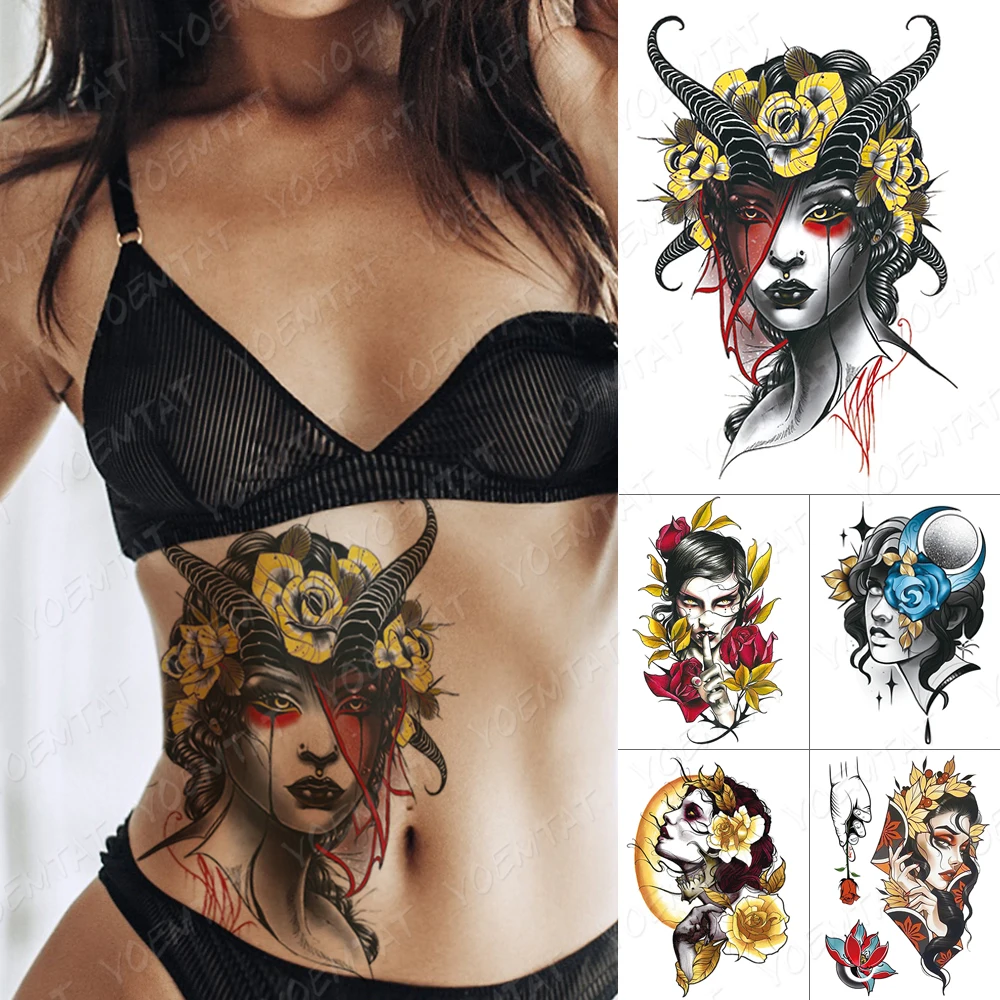 

Waterproof Temporary Tattoo Sticker Black Goat Witch Girl Flash Tattoos Golden Rose Old School Body Art Arm Fake Tatoo Women