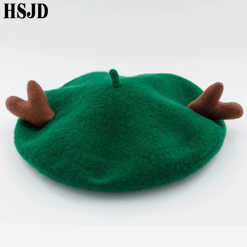 Женский берет милый шерстяной в виде рога оленя зимняя женская теплая Шапка бини