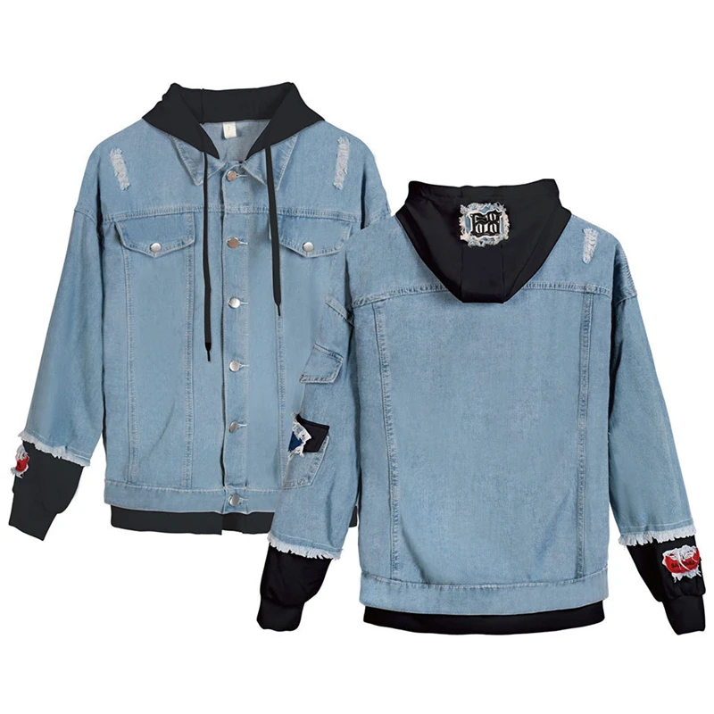 

Cosplay Clothing Solid Color Denim Jacket Splicing Sweater Jacket with Hat Adult COS Apparel Christmas Halloween Gift