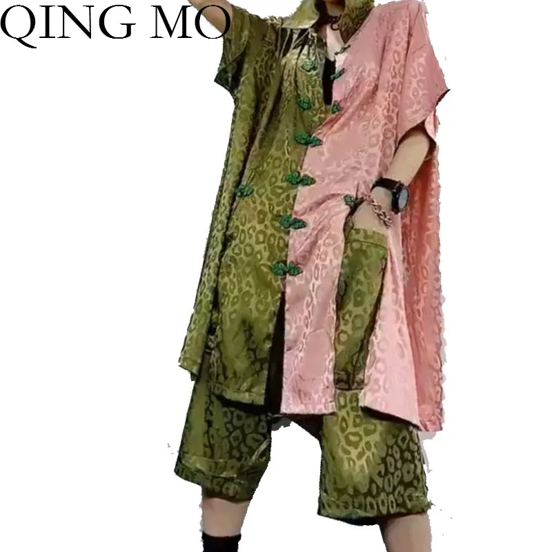 Женский винтажный короткий костюм QING MO черная или зеленая футболка в стиле