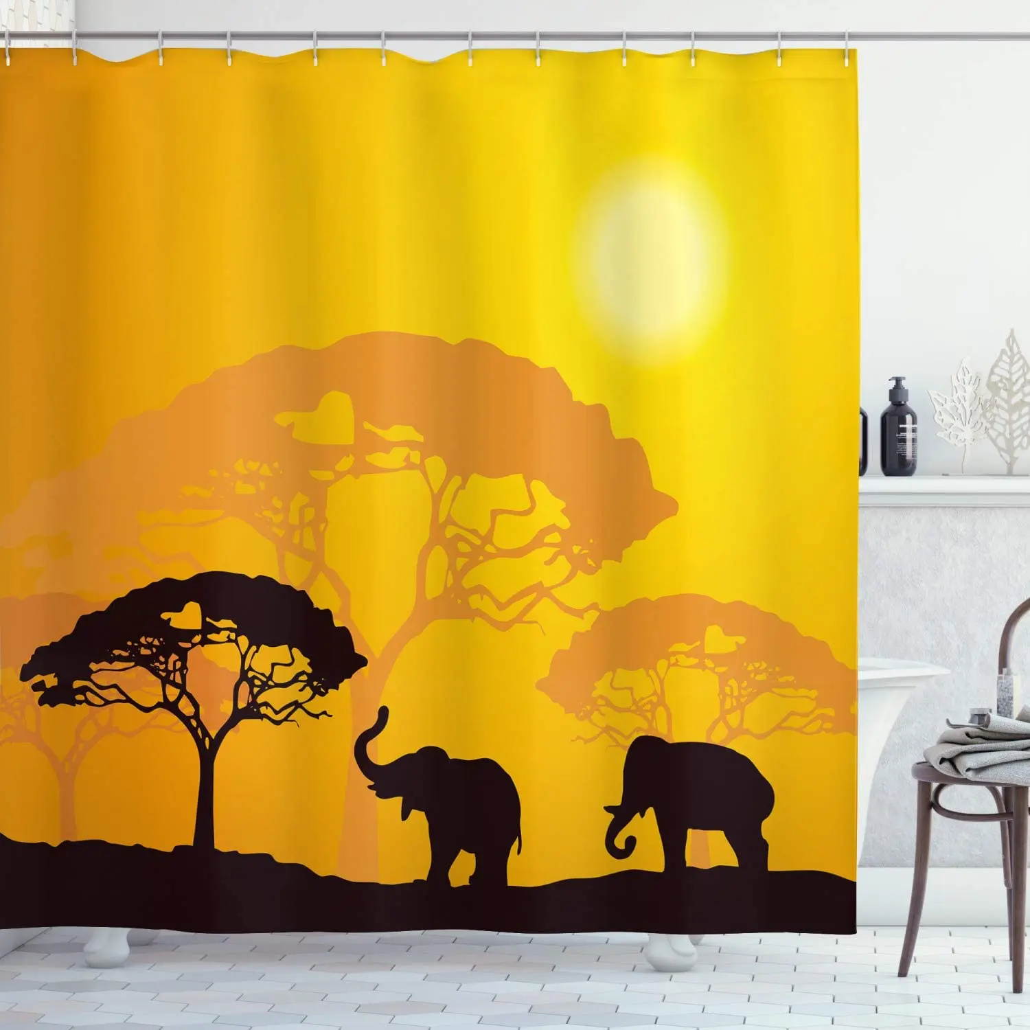 

Safari Shower Curtain Wildlife Animals Elephants Sun Beams Trees Print Art Bathroom Decor Set with Hooks 70" Long Earth Yellow