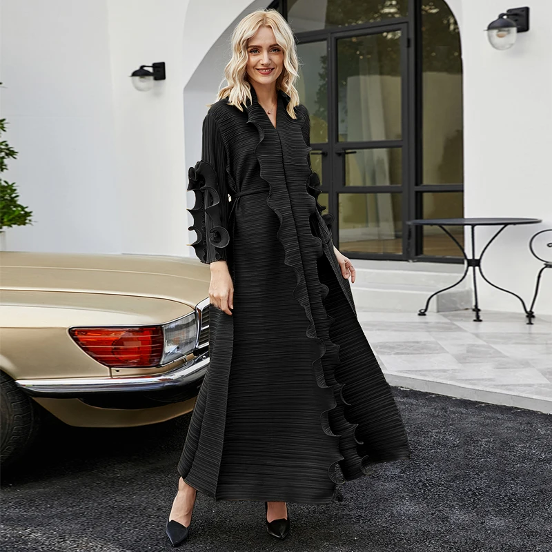 

Nice autumn summer plus size women indie aesthetic clothes long Orange designer dress Scarf collar Petal sleeve pleated dress