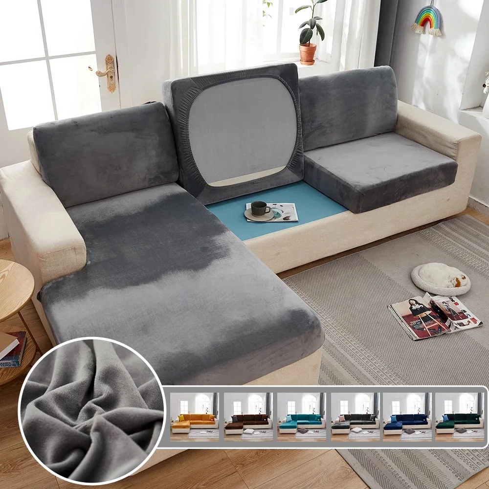 

Sofa Seat Cushion Cover Solid Color Silver Fox Velvet Elastic Sofa Cover Washable Removable Slip cover Kids Furniture Protector