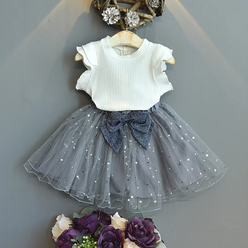 

Girl Clothes Outfits Sleeveless Ruffle Shirt+Mesh Skirts 2pcs Kids Bowknot Girls Kids Baby Summer Fashion Lovely Skirt Suits