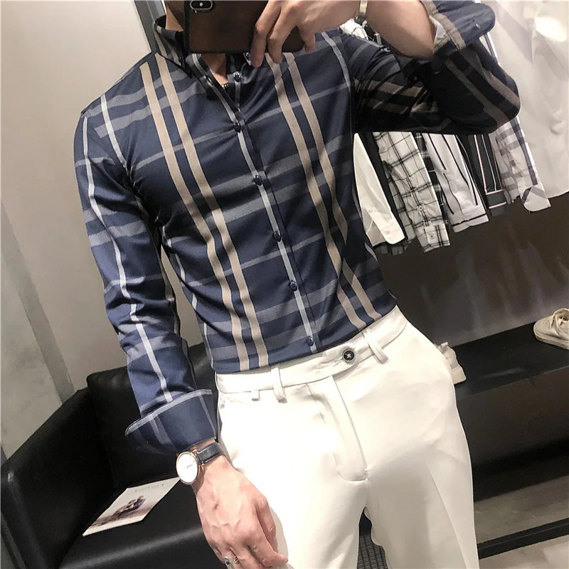 

Check shirt men's autumn new British slim-fit inch shirt trendy boys fresh business bottoming shirt long sleeves