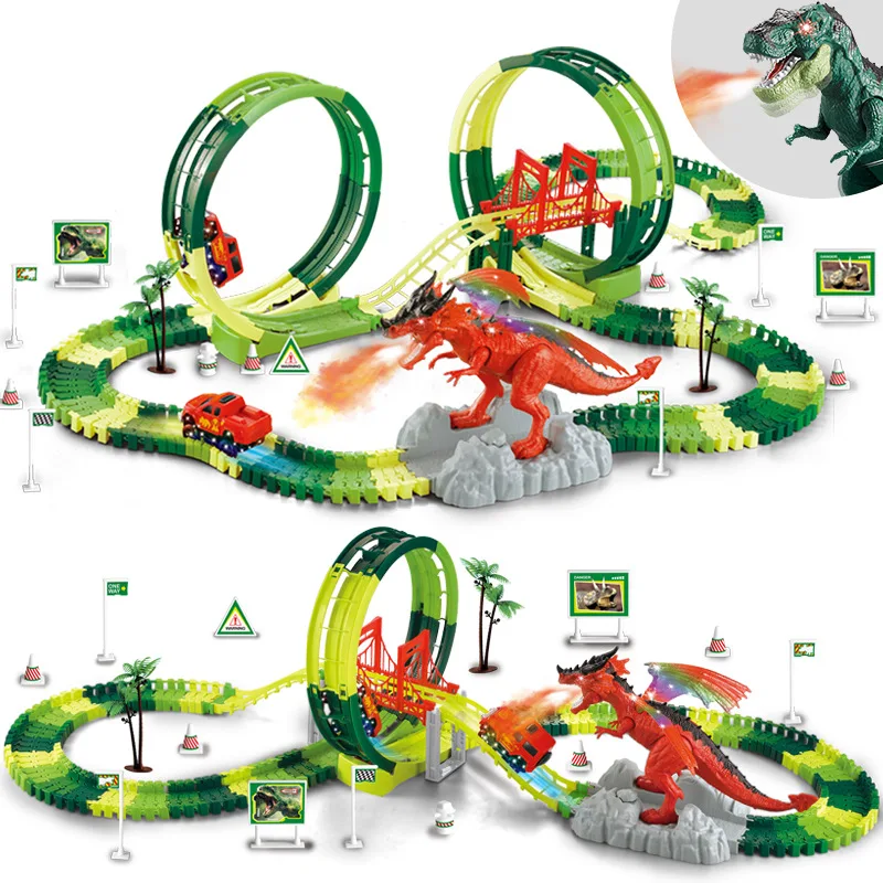 

Sprayable Dinosaur Flexible Track Car Toys Children Racing Bend Rail Track Led Electronic Flash Light Car DIY Toy For Kids Gift
