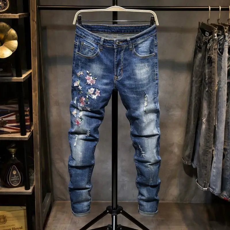 

New Men's France Biker Moto Jeans Slim Fit Straight Denim Pants Distressed Trousers