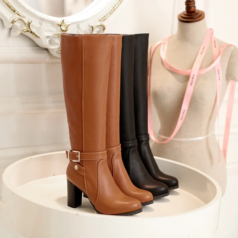 Winter Women Knee High Boots Black Brown Round Toe Square Chunky Heels Party Office Ladies Plush Zipper Buckle Long Riding Boots