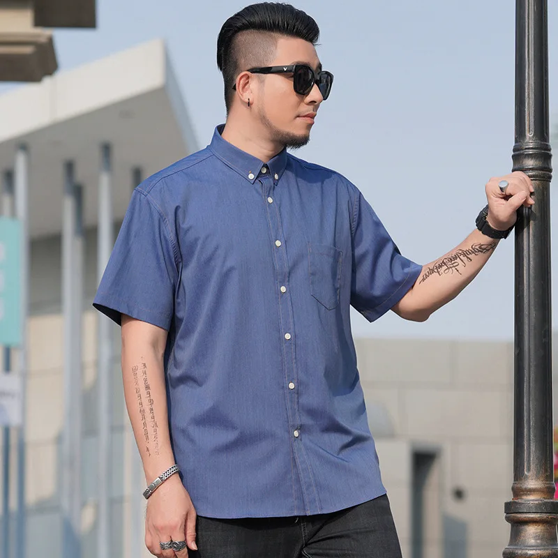 

Extra XL Menswear Oversized Short Sleeve Shirt Men's Summer Denim Shirt Fat Brother Large Plus Size Men Clothing