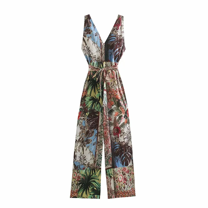 

2021 One-piece Retro Tropical Rainforest Style Patchwork Totem Floral Print Belt and Ankle Jumpsuit Chic Wide-leg Jumpsuit New