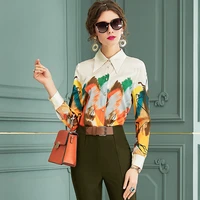 spring autumn real silk womens casual shirt elegant turn down collar long sleeve print blouses office lady satin blouse shirts