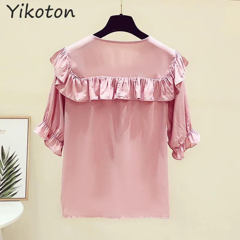 

Women Doll Collar Solid Chiffon Kawaii Blouses and Shirts Summer Korean 2021 Fashion Soft Girls Cute Tops Casual Ladies Chic