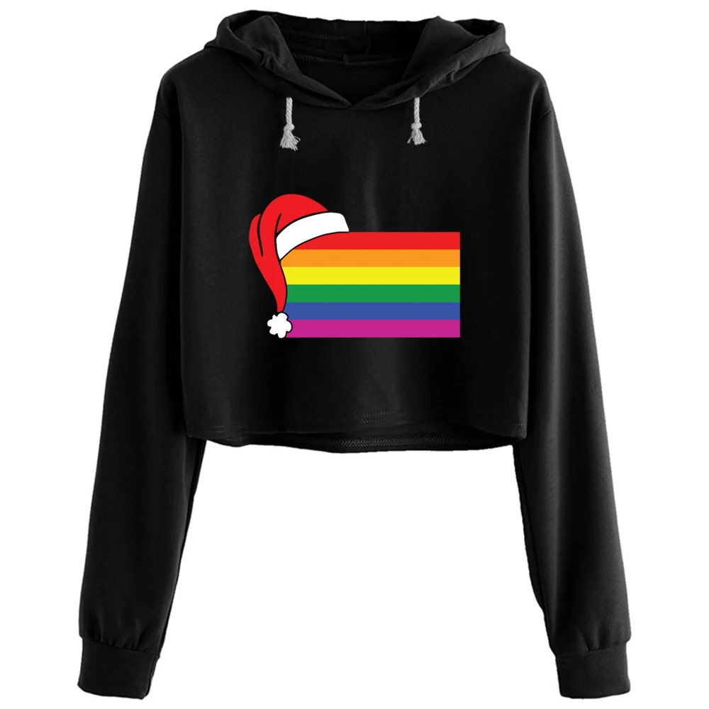 

Pride Flag With Santa Hat Bisexual Lgbt Christmas Crop Hoodies Women Aesthetic Kpop Korean Y2k Pullover For Girls