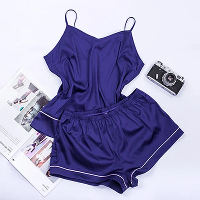 Navy Blue Викторианский ключ, контрастная полоска сбоку, темно-синий топ на бретельках, атласные шорты, костюмы, женская летняя Домашняя одежда, Женский пижамный комплект, сексуальное ночное белье - Цвет: Navy Blue