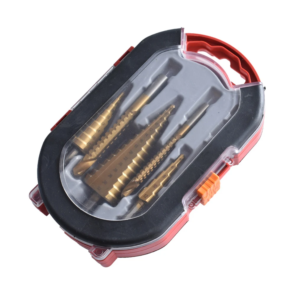 

6pcs HSS Titanium Saw Drill Bits+Triangle Shank Straight Groove Step Drill Bit Set Drilling Hole Cutter Cone Drilling with Box