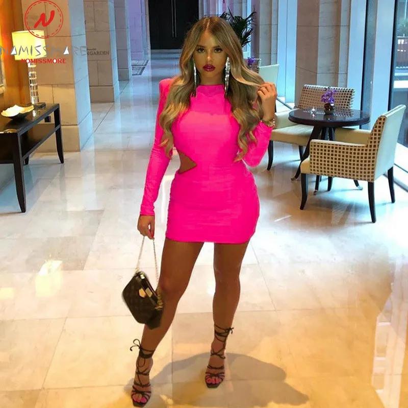 

Sexy Women Speing Autumn Skinny Mini Dress Hollow Out Design O-Neck Long Sleeve Mid Waist Solid Color Slim Hips Pencil Dress