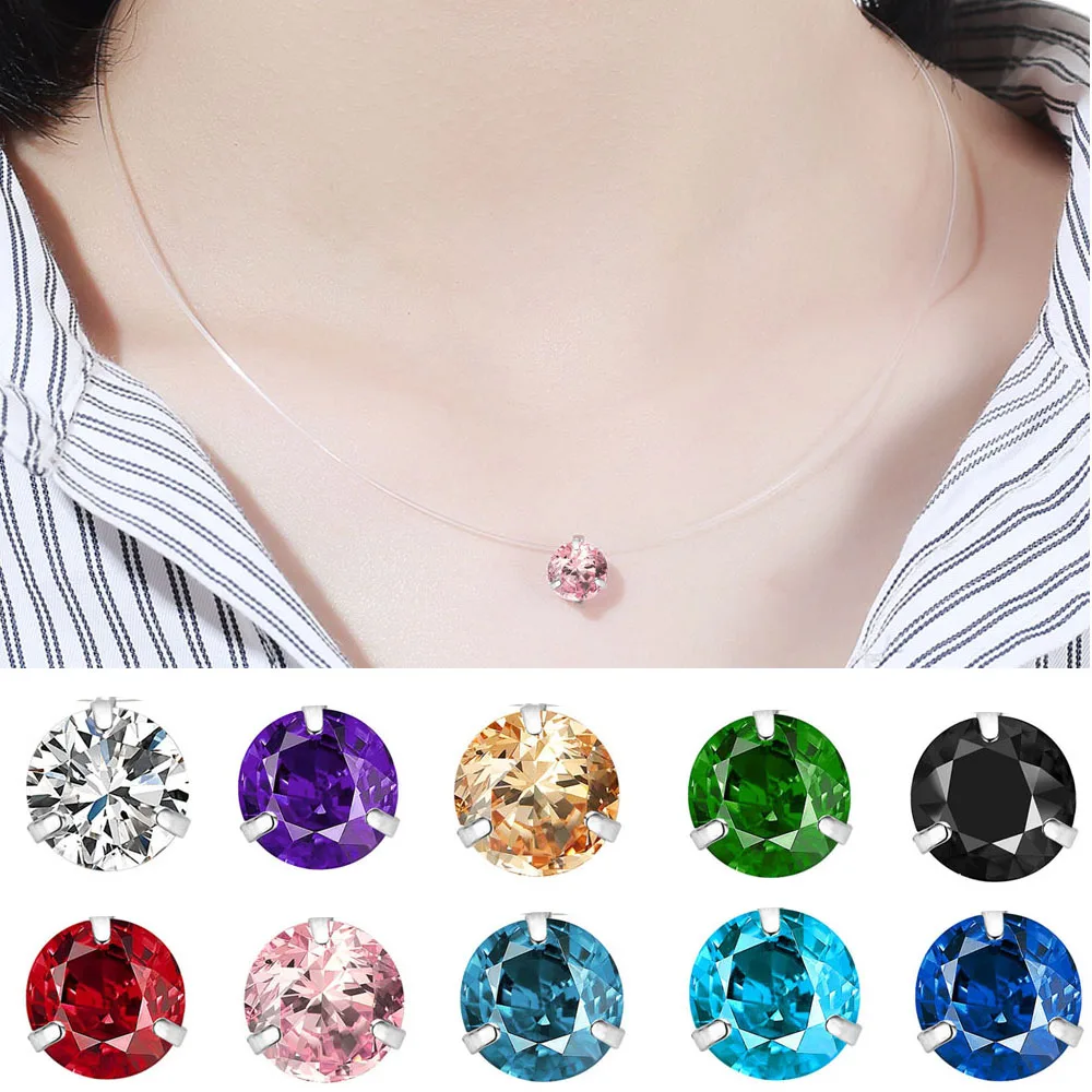 Colorful Dazzling Zircon Necklace And Invisible Transparent Fishing Line Simple Pendant Accessories Jewelry For Women | Украшения и