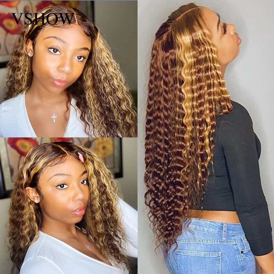 

Highlight Deep Wave Lace Frontal Wig Ombre Deep Curly Brazilian Human Hair Wigs 180 Density Deep Wave 4X4 Lace Closure Wig