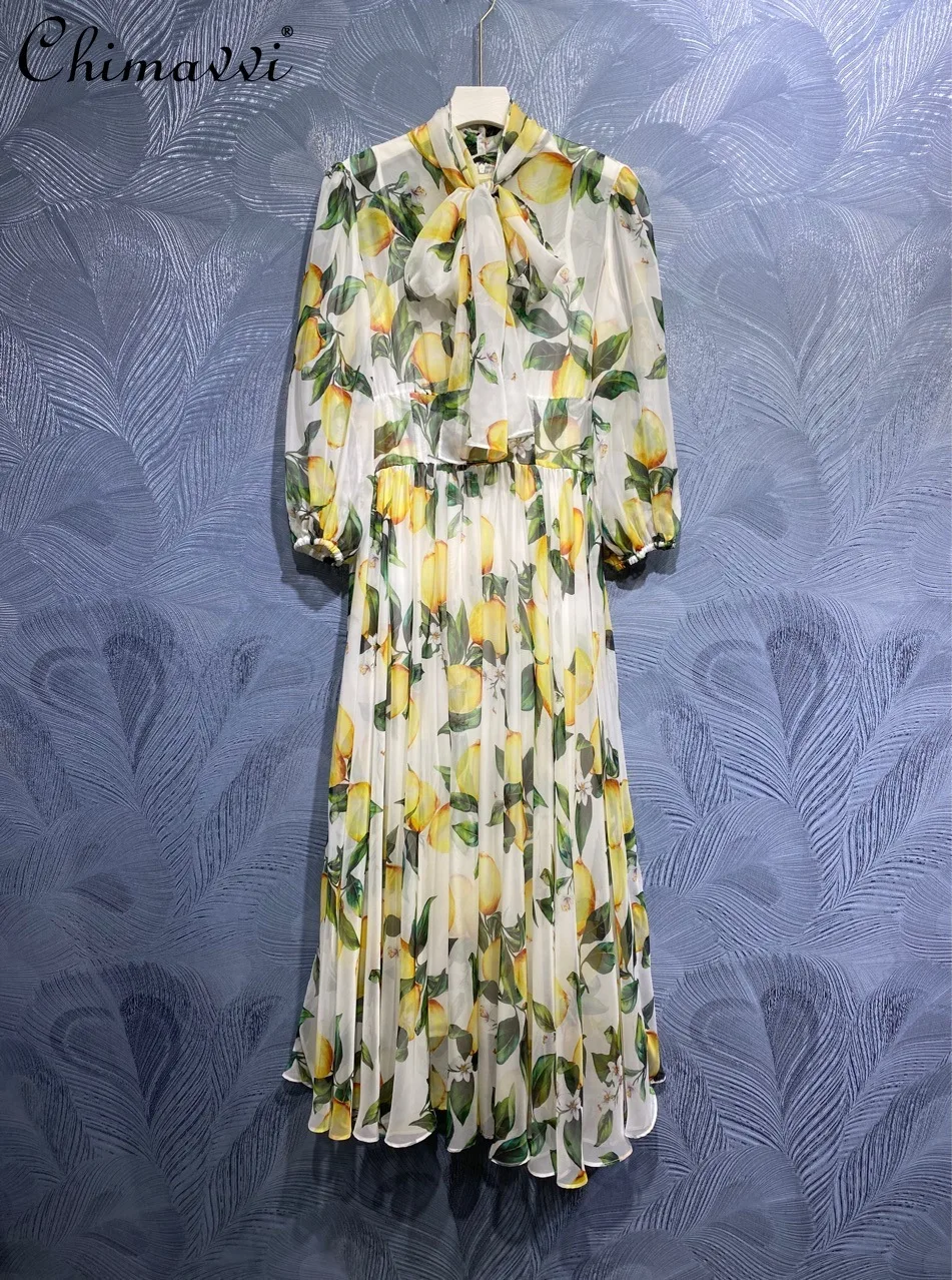 

2021 Summer Women New Bow Tie Orange Printed Long Dress Long Sleeve Waist-slimming A-line Yellow Dress