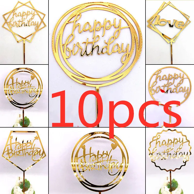 Topper de Feliz cumpleaños para tarta, cartel de decoración de pastel en acrílico, de oro rosa, por 36 estilos, ideal para fiesta de baby shower, por 10 uds.