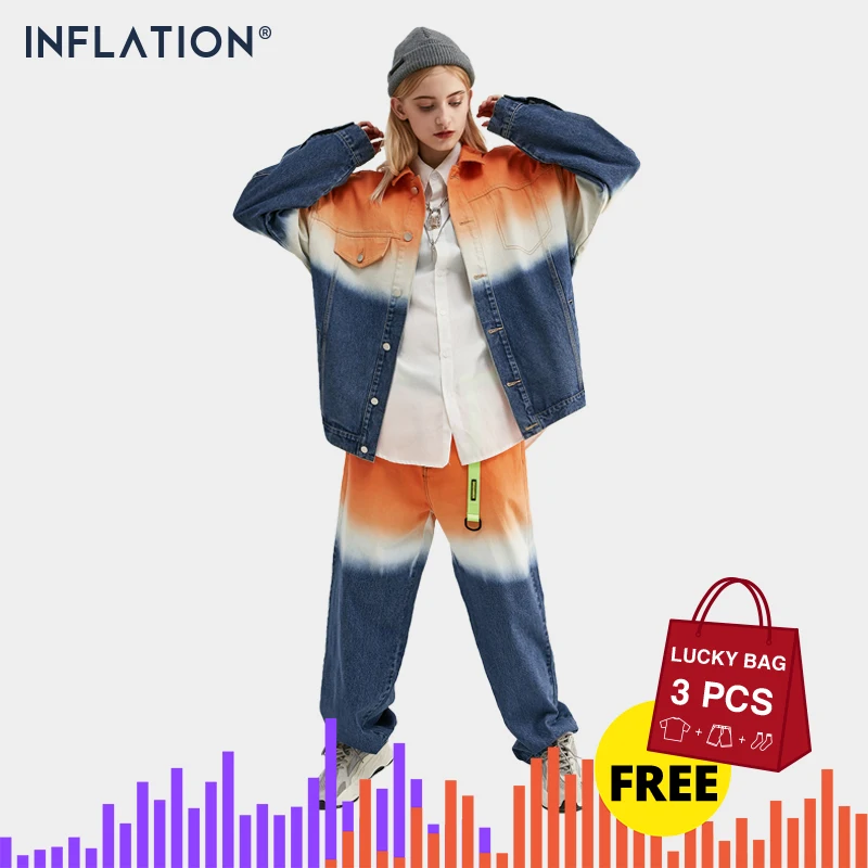 INFLATION, мужские костюмы, повседневный мужской джинсовый костюм, Большой размер, мужской джинсовый костюм в полоску, высокое качество, свободный крой, деним, мужской джинсовый костюм