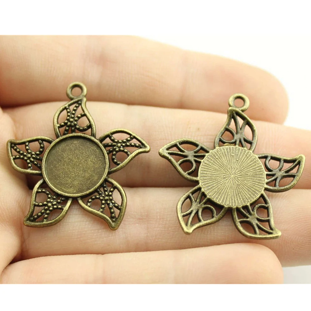 

10pcs 12mm Inner Size 32x30mm Outer Size Vintage Antique Bronze Color Zinc Alloy Flower Cameo Cabochon Base Setting