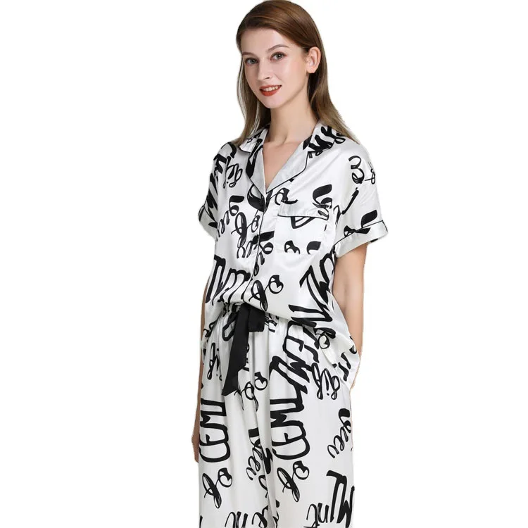 

Soft Pyjamas Shirt&Pants Sleepwear Print Women Pajamas Silky Satin 2PCS Sleep Set Nightwear Casual Homewear Intimate Lingerie