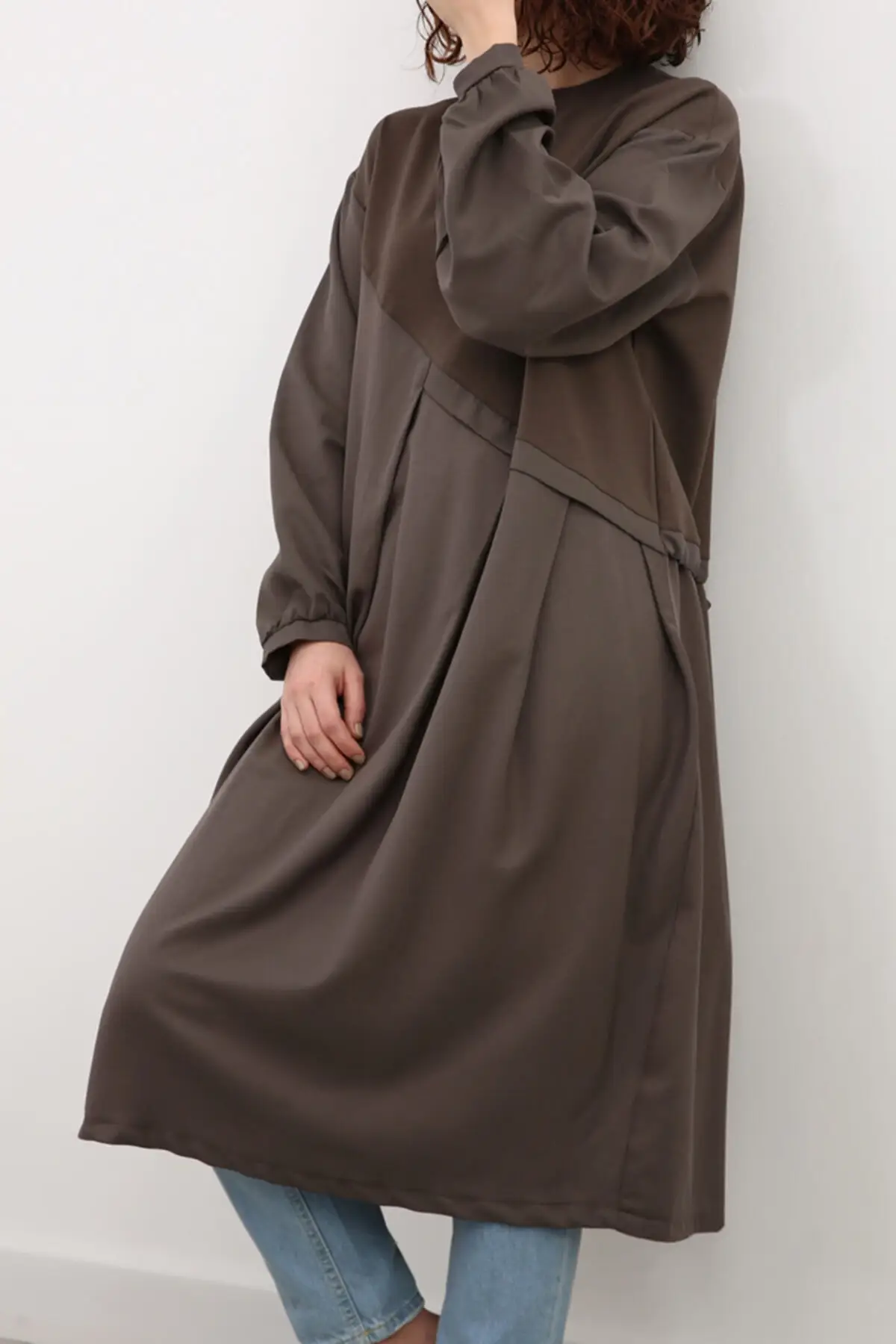 

Soft Khaki topped Pleated Tunic Sweater Muslim Tunic 2021 Fashion