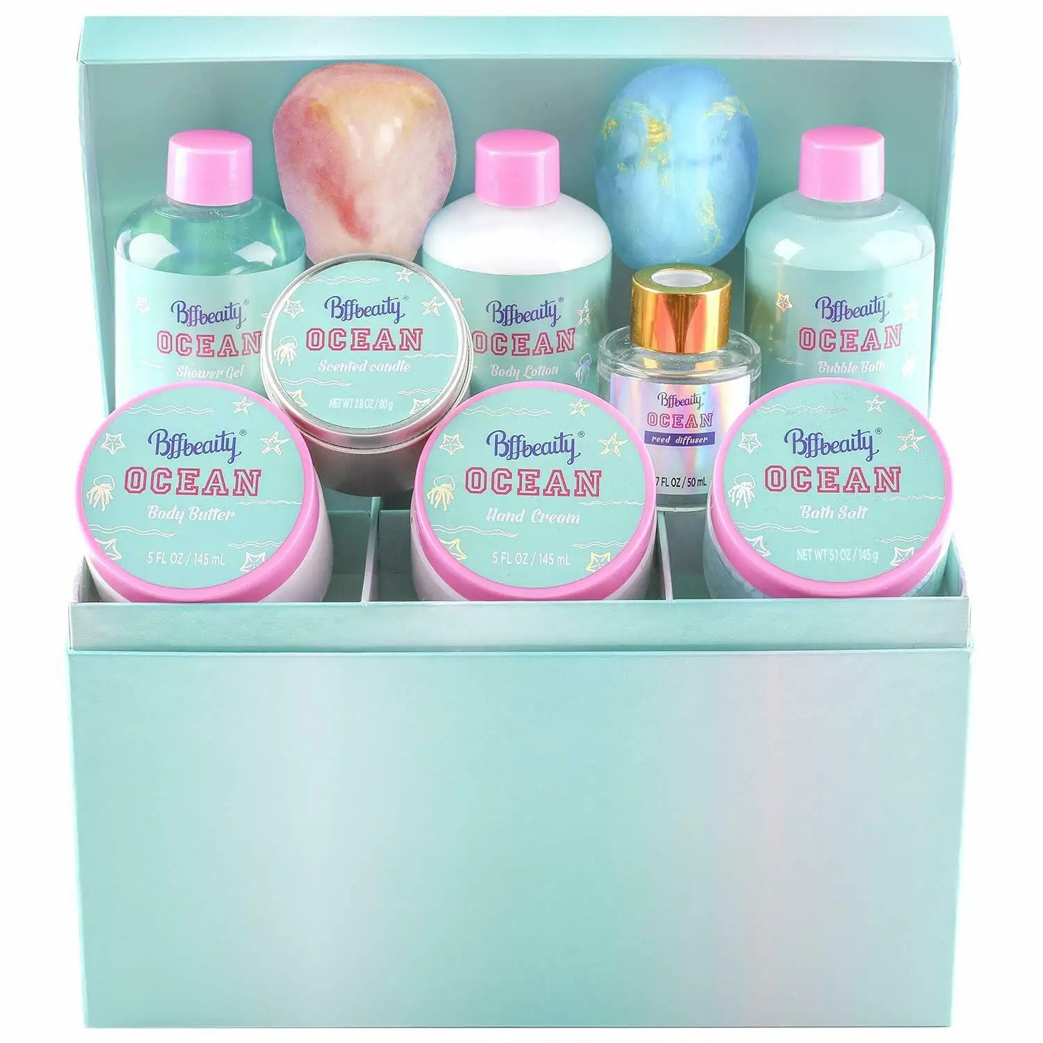 Refreshing Ocean Scent Spa Gift Basket with Jewelry Case, 12pcs Body & Bath Gift Set Enriched with Shea Butter