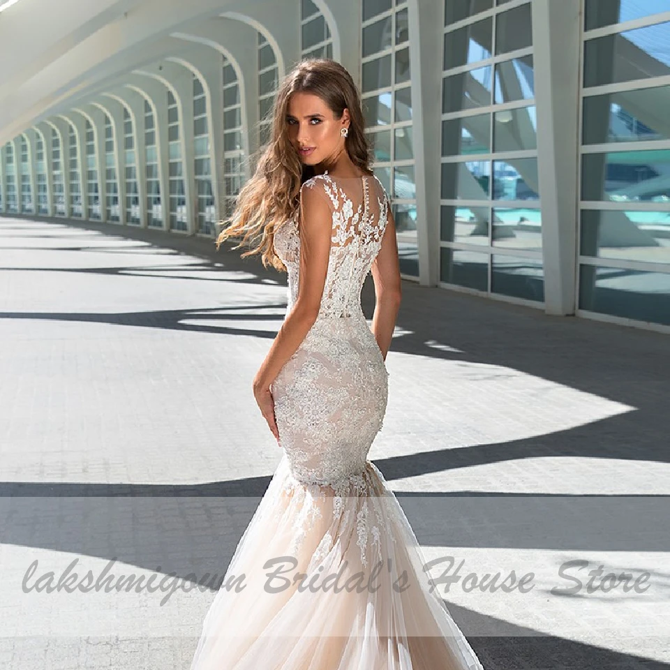 

Robe Vintage Champagne Wedding Dress Mermaid Style White Lace Appliques Sexy Bridal Wedding Gowns 2020 Vestidos de Novias