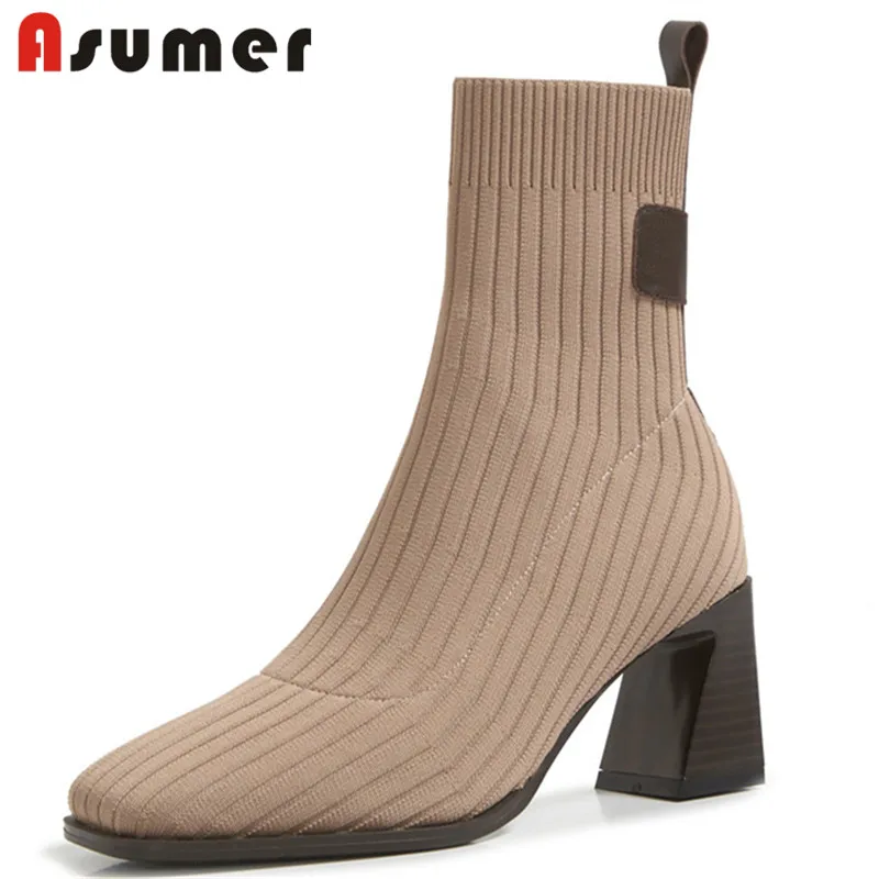 

Женские ботильоны стрейч Asumer, черные повседневные праздничные ботинки на высоком каблуке, с квадратным носком, для осени и зимы, 2021