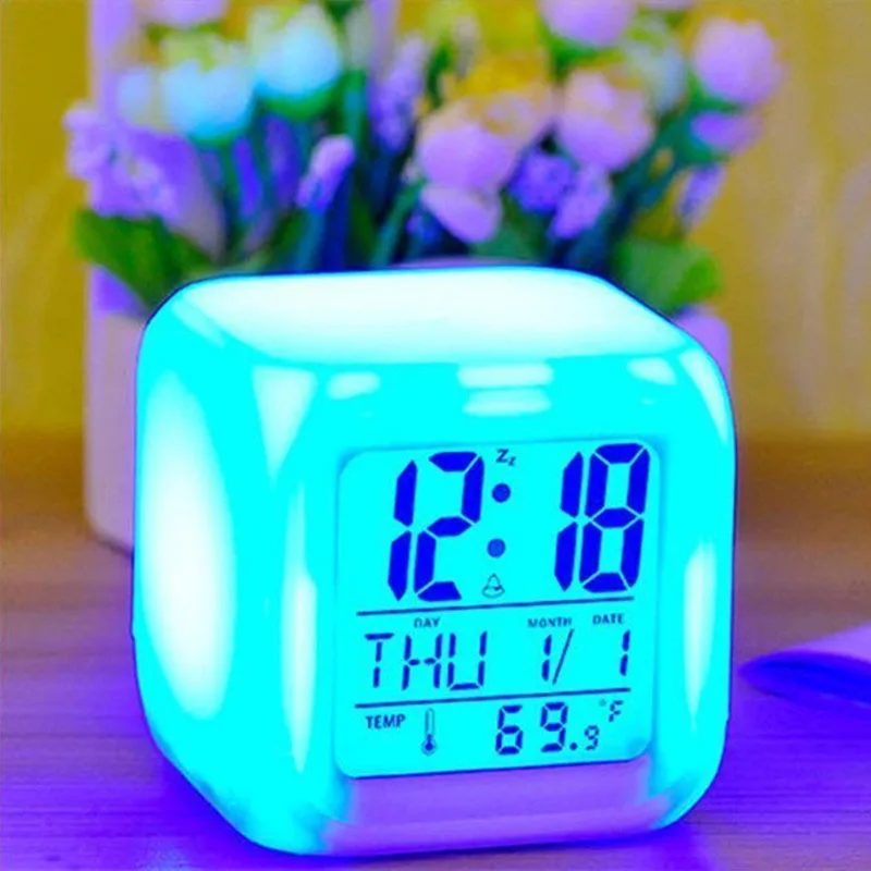 7 Color Variable Multi-Function Bedroom Kids LED Change Digital Glowing Alarm Clock Thermometer Changable Electronic | Дом и сад